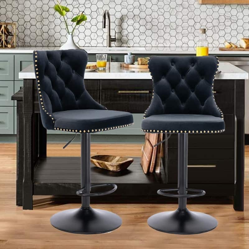 Velvet Upholstered Nailheads Tufted Swivel Bar Stools (Set of 6)