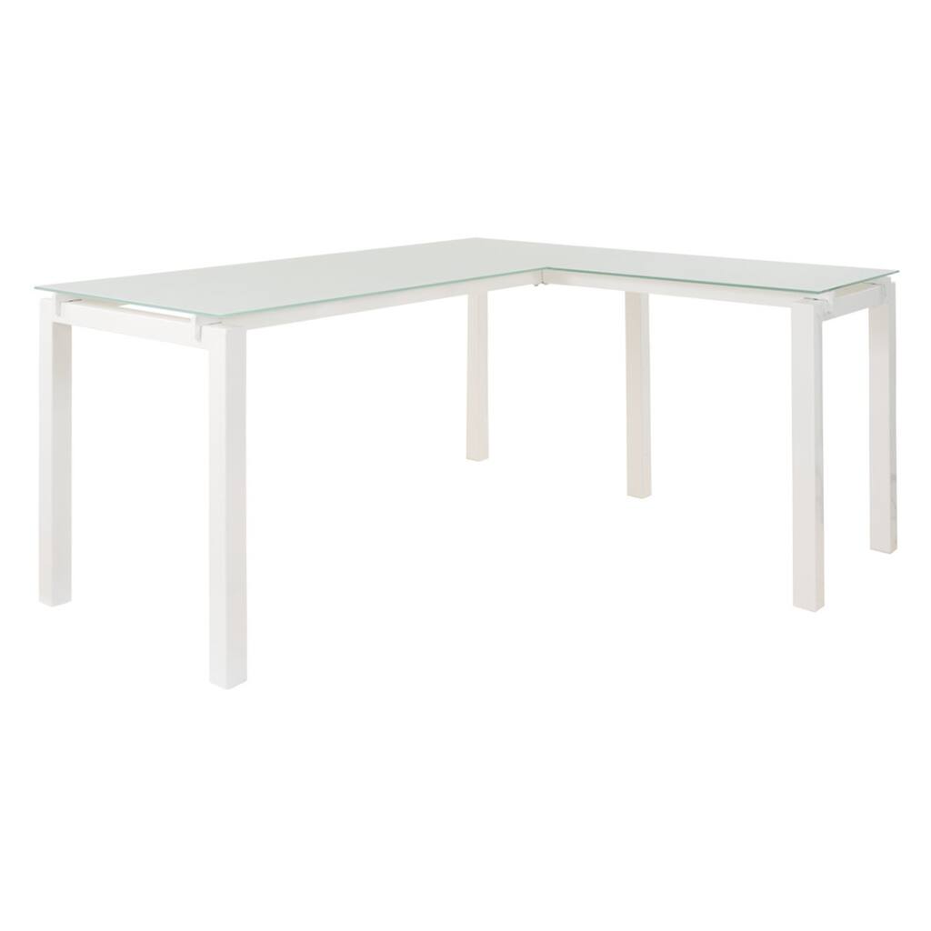 Metal L Shape Desk with Frosted Glass Top and Block Legs, White