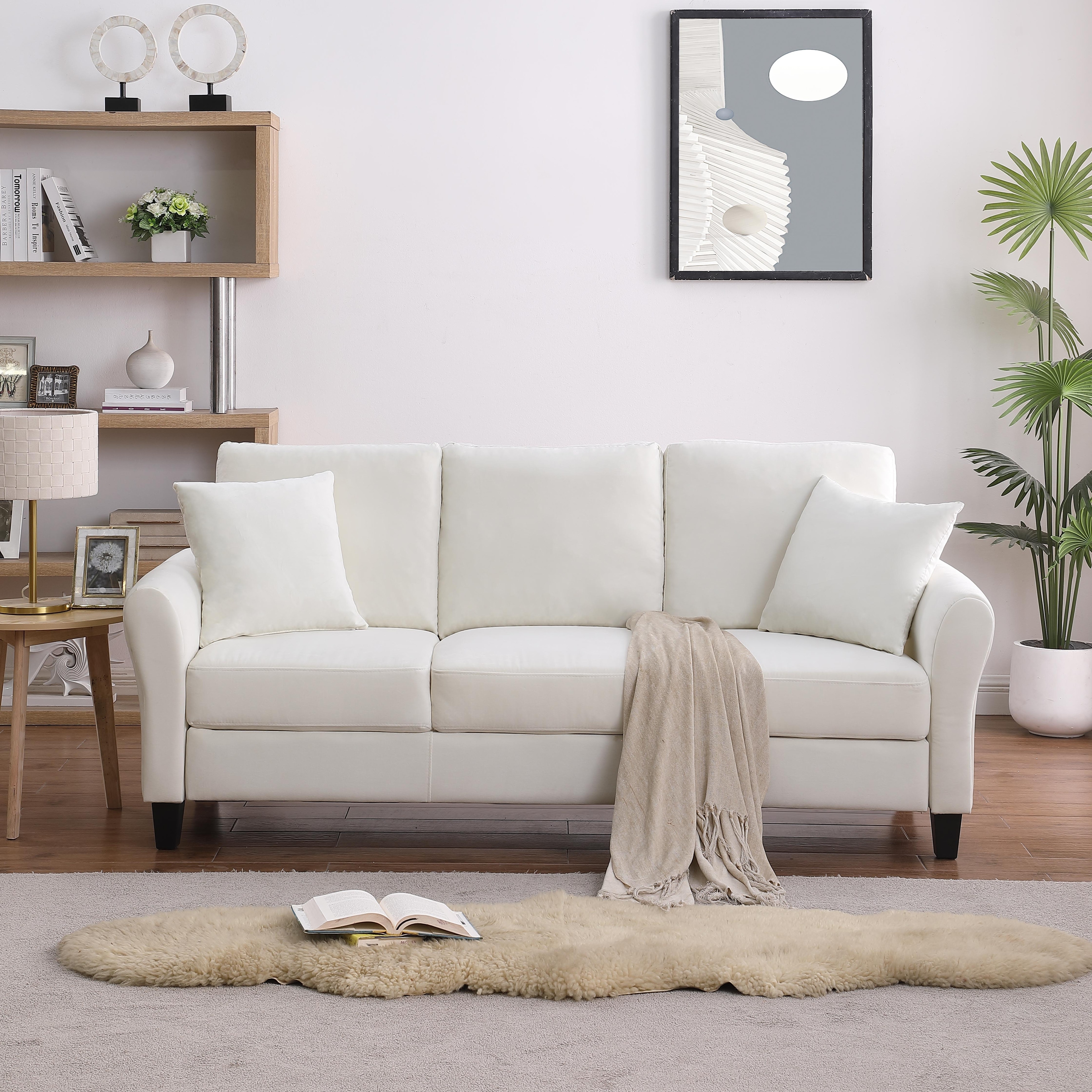 Comfortable Velvet 3-Seater Sofa with Detachable Back Cushions - White