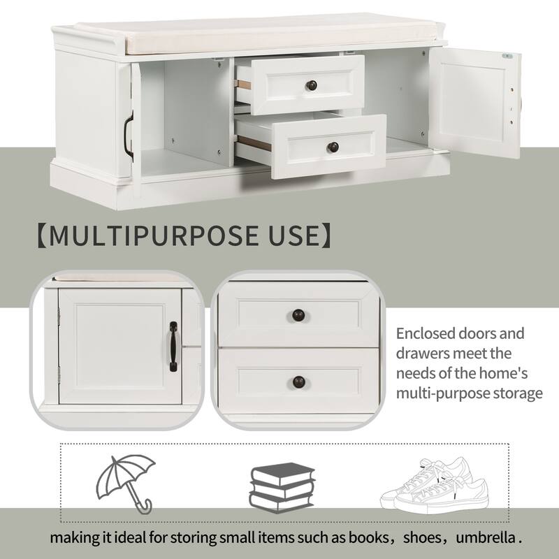 Storage Bench with 2 Drawers, 2 Cabinets and Removable Cushion - 42.5"L x 15.9"W x 17.5"H