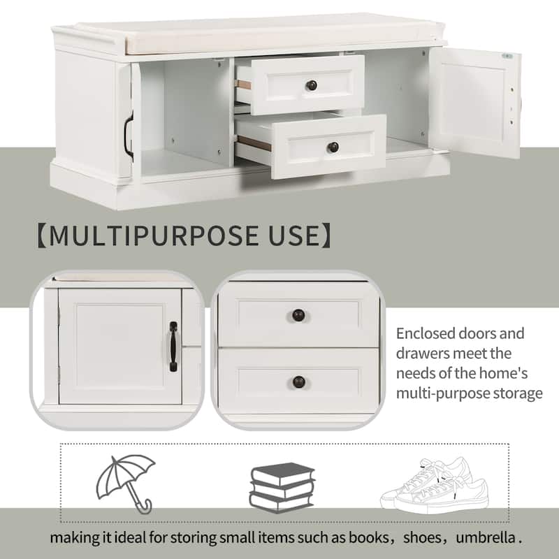 Storage Bench with 2 Drawers and 2 Cabinets, Shoe Bench Entryway Bench with Removable Cushion for Living Room, Entryway