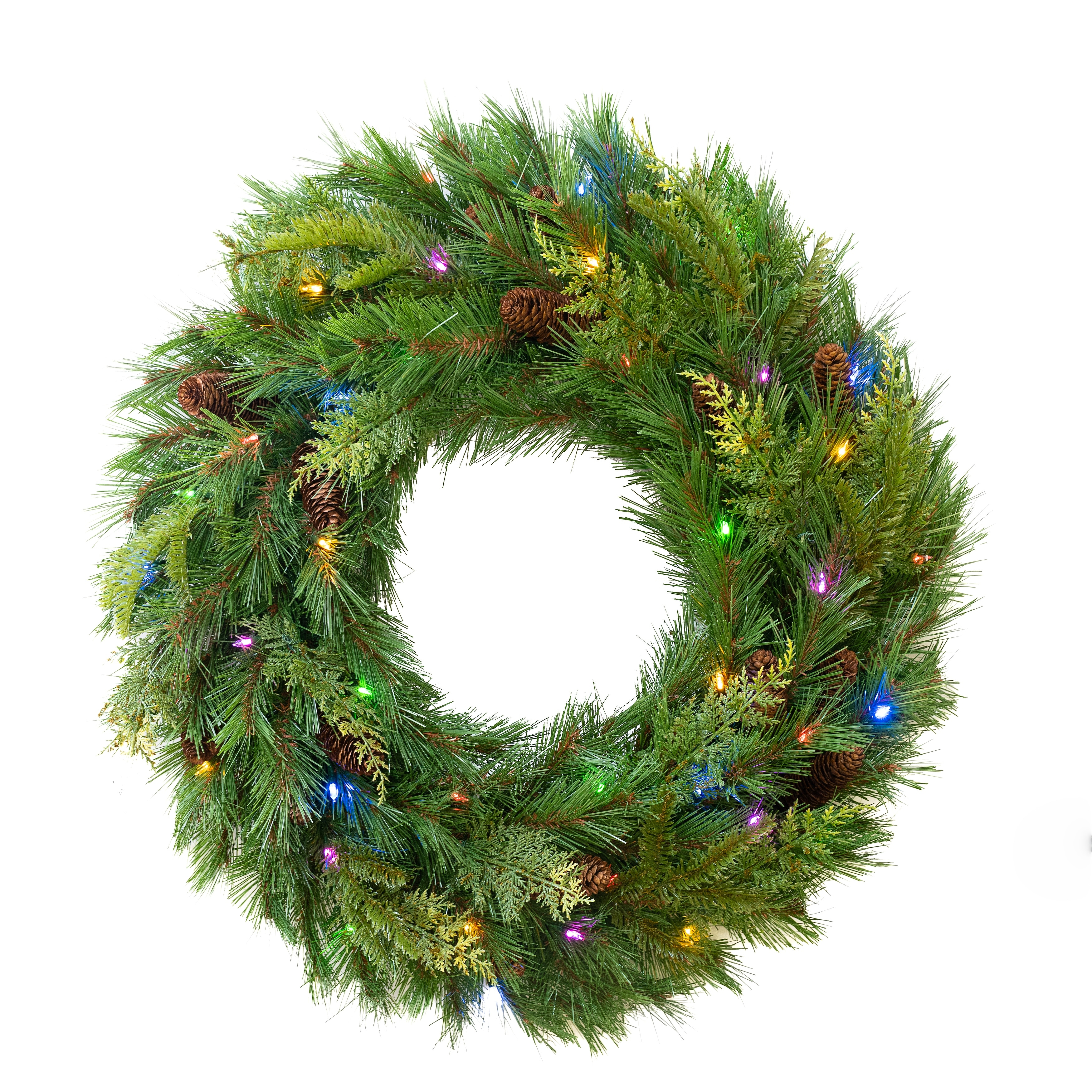 30" Mixed Mountain Cypress B/O Wreath w/Warm White & Multi LED Lights - Choose LED Raspberry Covers or LED T5 Mini Lights