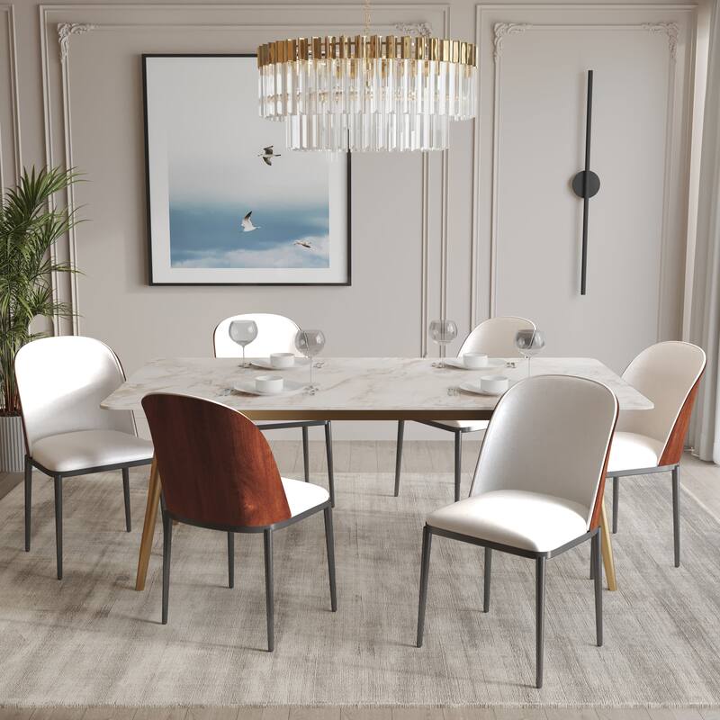 Zayle 7-Piece Dining Set 55-Inch Rectangular White Sintered Stone Dining Table and 6 Dining Side Chairs