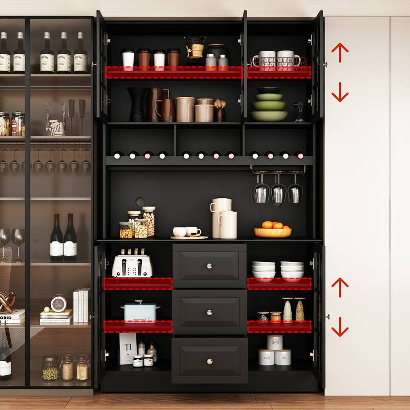 78.9"Large Kitchen Hutch Cabinet Kitchen Pantry Cabinet Bookcase Glass