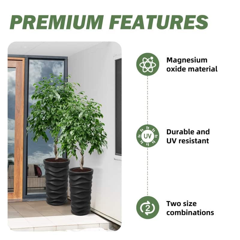 Modern Tall Planters – Set of 2, Stylish MgO Flower Pots for Indoor/Outdoor, White/Black - N/A