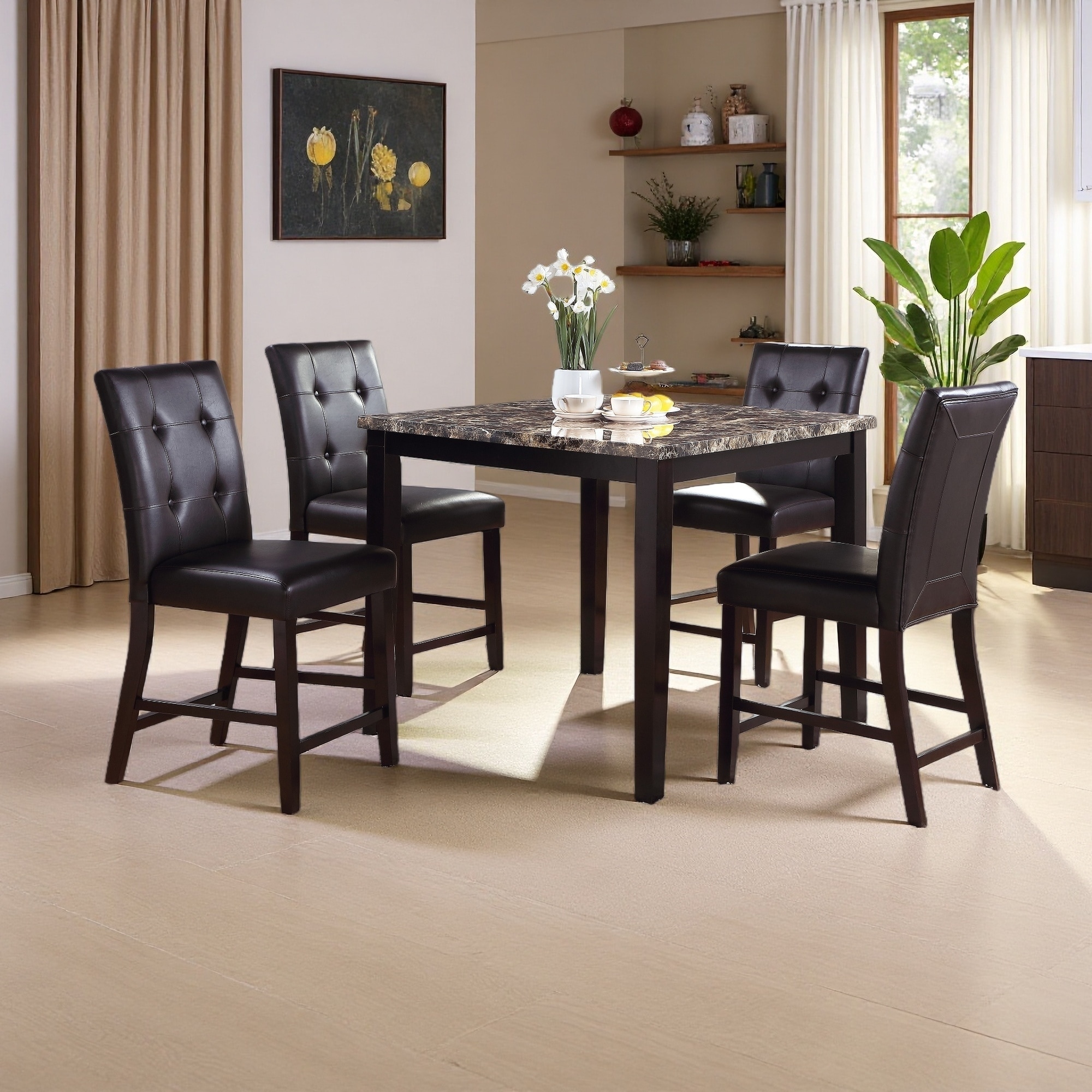 5-Piece Faux Marble 42"L Counter Height Dining Set with 4 Tufted Chairs