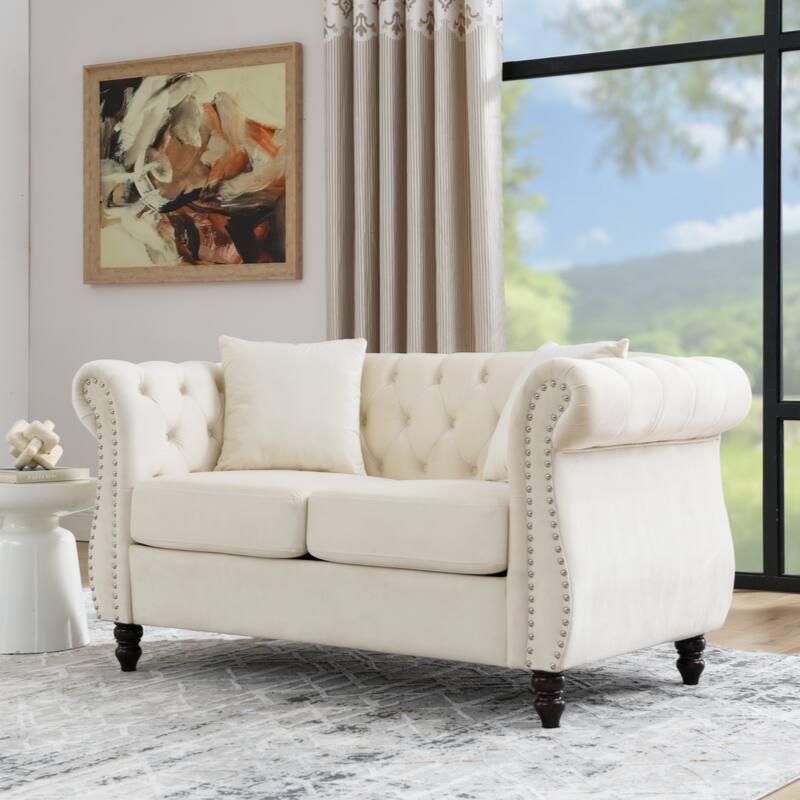 58.8" Chesterfield Sofa Beige Velvet for Living Room, 2 Seater Sofa Tufted Couch with Rolled Arms and Nailhead