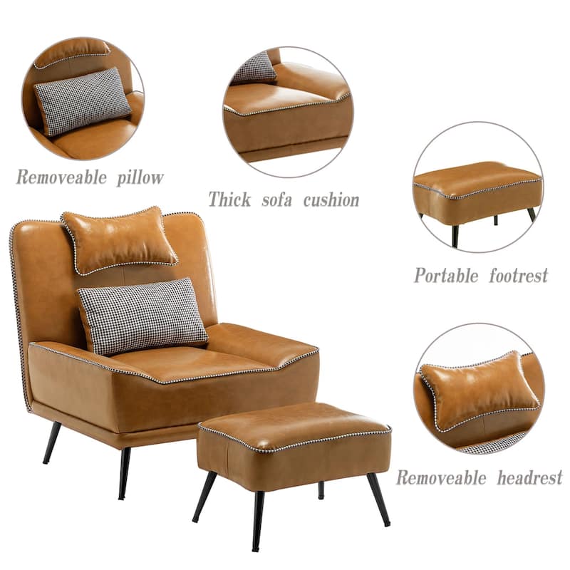 Accent Chair with Ottoman, Mid Century Modern Upholstered Faux Leather Chairs for Living Room Bedroom Lounge Chair Armless