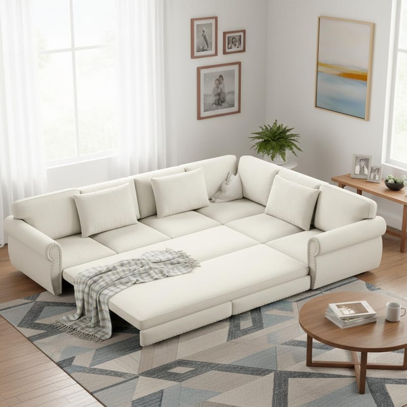 Homy Casa L-Shaped Sectional Sofa w/ Pull-Out Bed, Chenille Sleeper Couch w/ Nailhead Trim & Rolled Arm, Oversize