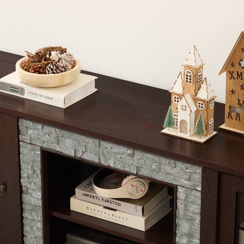 Modern TV Stand, Faux Stone Media Console Cabinet, Entertainment Center with 2-Door Storage, for Living Room, Cherry