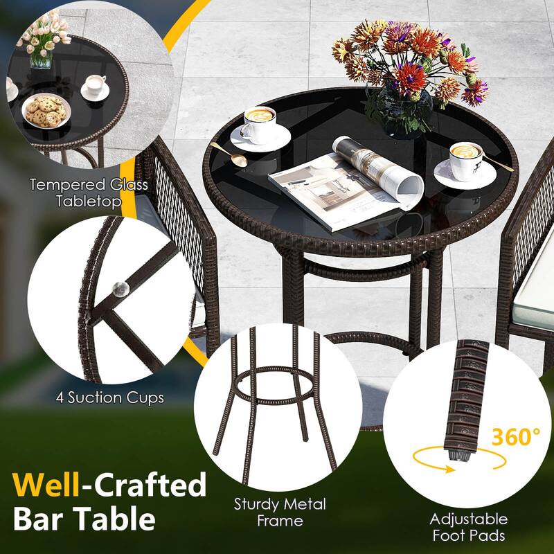 Costway 3 Piece Wicker Patio Bar Set with 2 Seat Cushions Glass - See Details