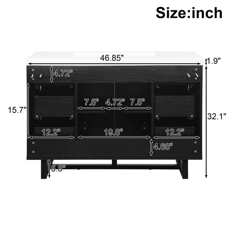 47.2" Space-Saving Bathroom Vanity with Resin Sink, 2 Doors & 6 Drawers, Soft-Close Hardware