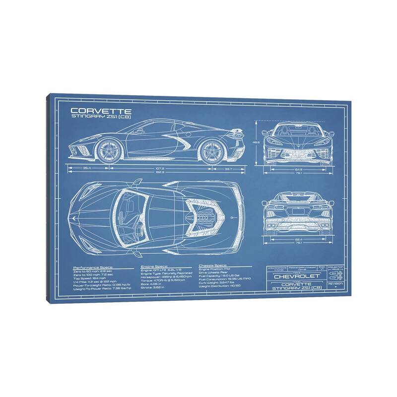 iCanvas "Corvette (C8) Stingray Blueprint" by Action Blueprints Canvas Print