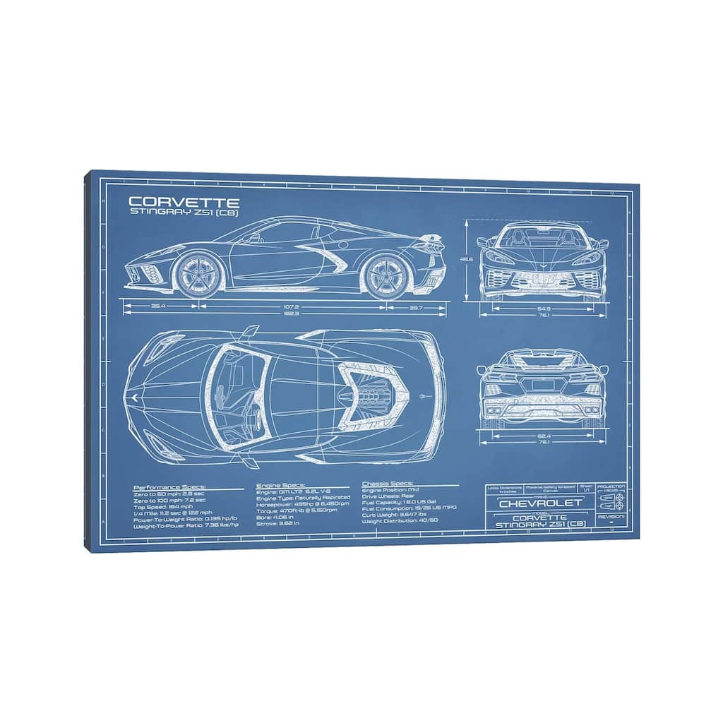 iCanvas "Corvette (C8) Stingray Blueprint" by Action Blueprints Canvas Print