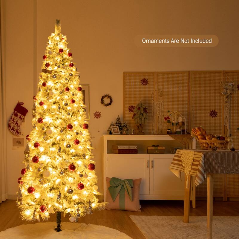 Gymax 5/6/7/8 FT Pre-Lit Artificial Snow-Flocked Christmas Tree Hinged - See details