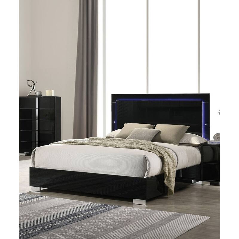 Queen Size Bed with LED Headboard, Piano Black Finish, Chrome Legs, Modern Design