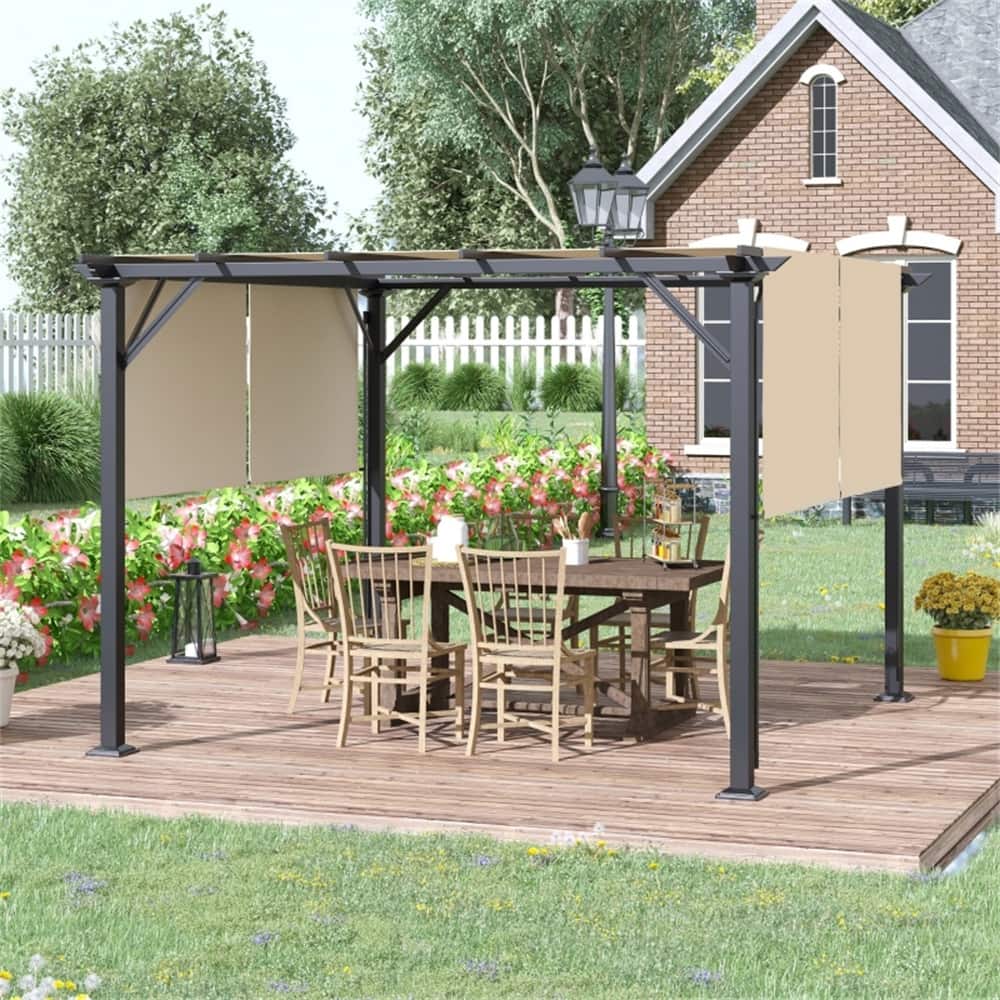 Beige and Black Outdoor Pergola with UV-Resistant Sliding Polyester Canopy and Sturdy Steel Frame for Patio Porch Backyard