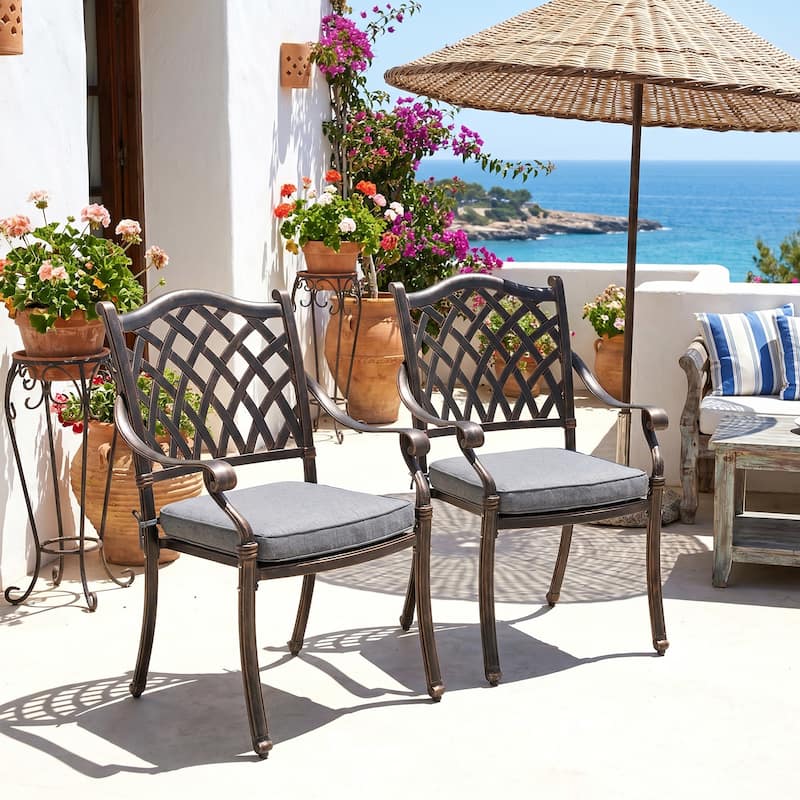 Outdoor Dining Chairs Bronze Cast Aluminum French European Inspired Design with Cushion Set of 2 - Grey
