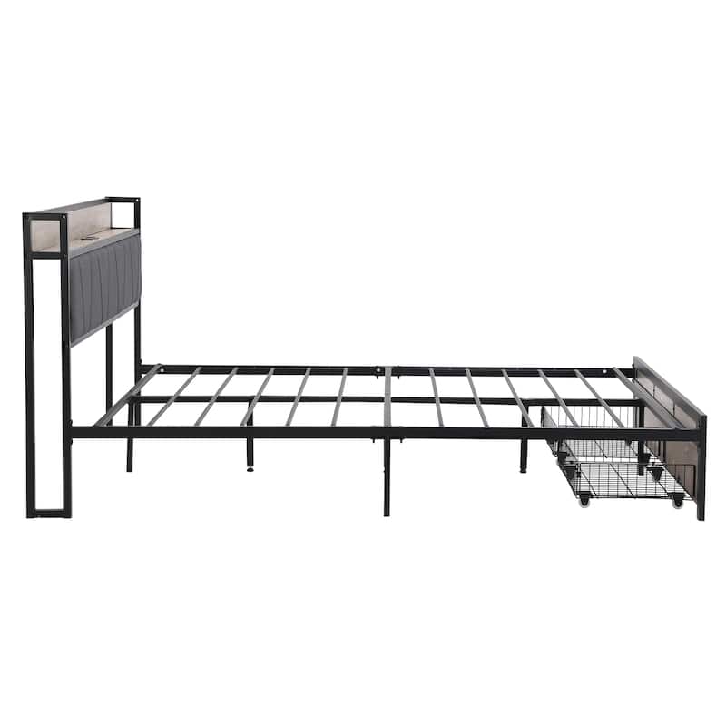 Full Size Metal Platform Bed Frame with Upholstered Headboard, Footboard Drawers & USB Ports, No Box Spring Needed