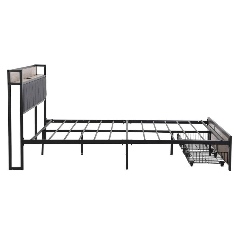 Metal Platform Bed Frame With Upholstery Storage Function Headboard