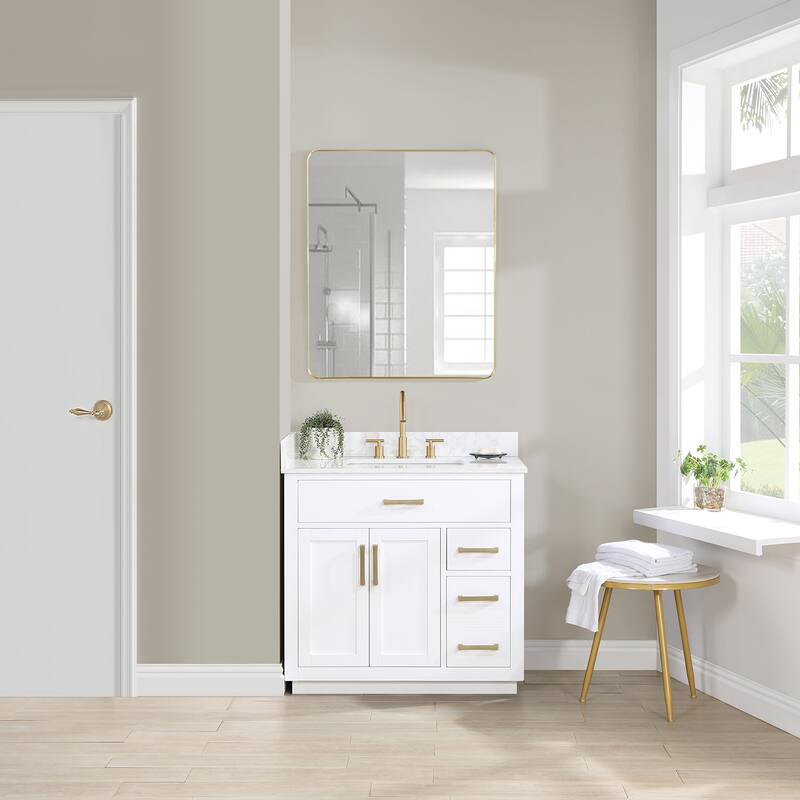 Altair Gavino Bath Vanity with Grain White Composite Stone Top and Mirror