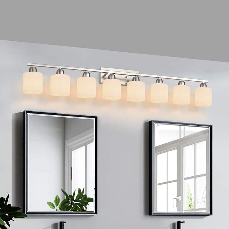 8-Light 52" Nickel Bathroom Vanity - Milky Glass - Wall Sconce for Bedroom, Living - Chrome