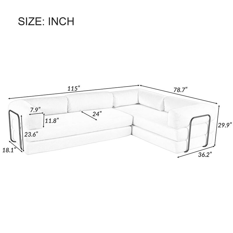 115" Polyester L-Shaped Modular Sofa Bed with Corduroy Upholstery and 4-Seat Configuration