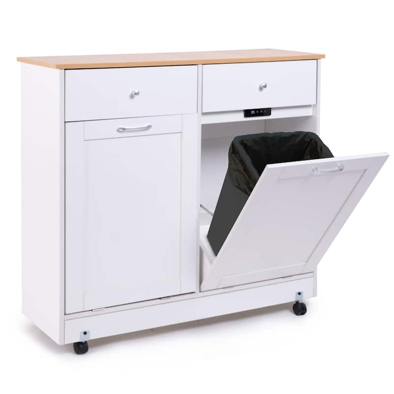 10-Gallon Double Tilt Trash Cabinet with 2 Storage Drawers - Rolling Trash Bin Cabinet with Extra Storage