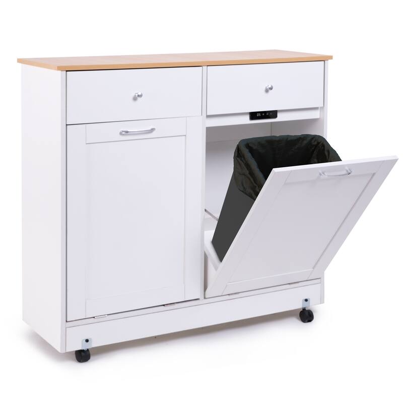 Erommy Tilt Out Trash Cabinet, Wooden Kitchen Trash Can Free Standing Waste Bin, Recycling Hideaway Garbage Can Holder