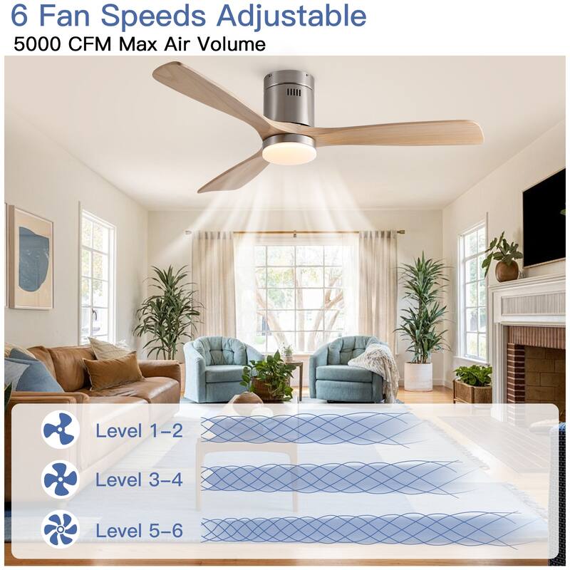 52In. Farmhouse Indoor Flush Mount Low Profile Ceiling Fan with Solid Wood Blades and Remote Control