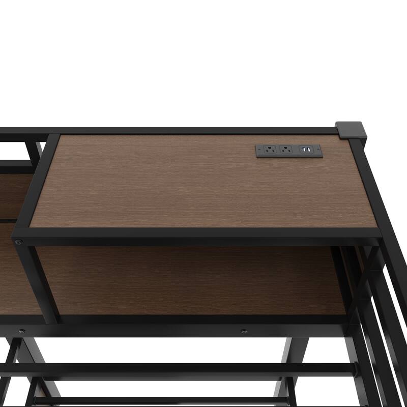 Full/Twin Metal Bunk Bed with Storage Shelves & USB Ports