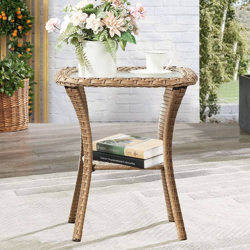 Stylish Outdoor Wicker side Table with Glass Top