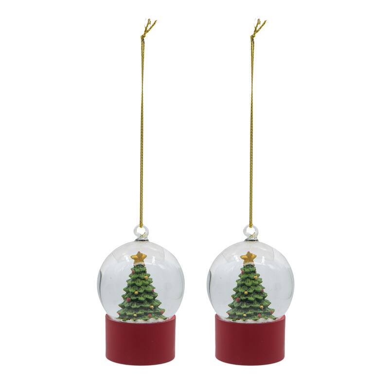 1.8x1.8x2.8"H Resin/Glass Water Globe W/Tree Red Base, 2 Pack - Red