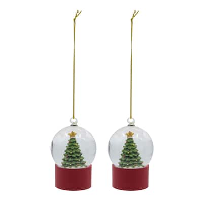 1.8x1.8x2.8"H Resin/Glass Water Globe W/Tree Red Base, 2 Pack