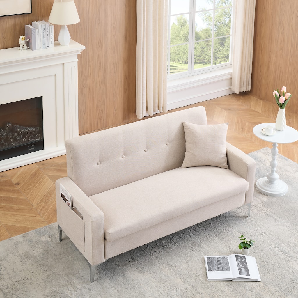 Cotton & Linen Loveseat Sofa with Built-in Storage and Side Pocket
