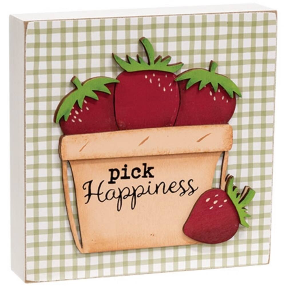 Spring and Summer Decorative Wooden Strawberry Sign with Layered Cutouts and Gingham Backdrop - 7" H x 7" W x 1.5" D