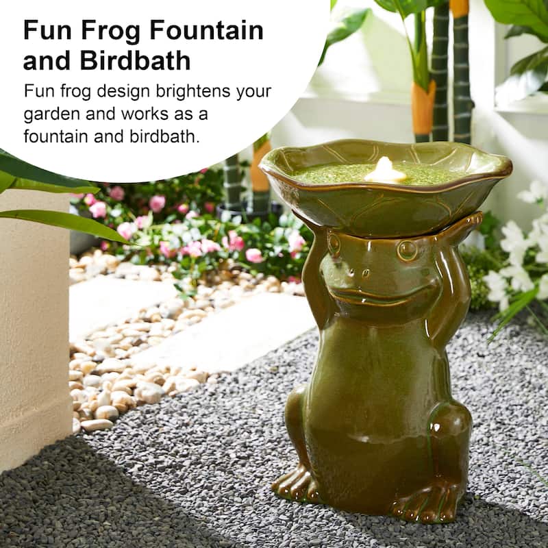 Glitzhome 21.5"H Ceramic Outdoor Floor Fountain Frog Hold a Lotus Birdbath with LED Light