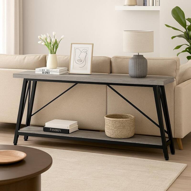 70.9" Light Gray & Black Industrial Sofa Table