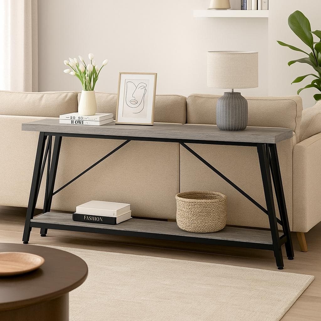 70.9" Light Gray & Black Industrial Sofa Table