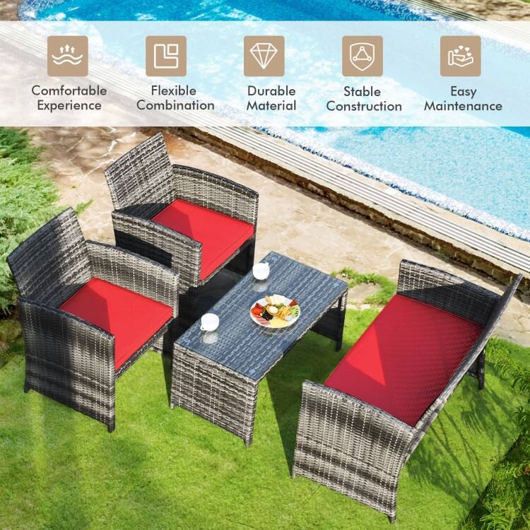 4 Pieces Patio Rattan Furniture Set with Glass Table and Loveseat - 43.5" x 25"x 31" (L x W x H)
