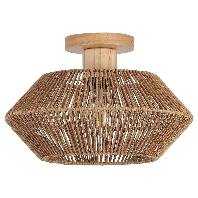 Boho 1-Light Semi-Flush Mount Chandelier with Drum Shade for Living Room Kitchen Island Dining Foyer - W12.6"x H5.71"