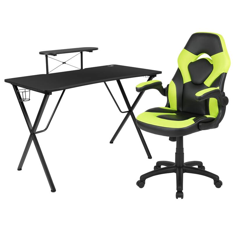 Gaming Desk & Chair Set with Cup Holder, Headphone Hook, and Monitor Stand