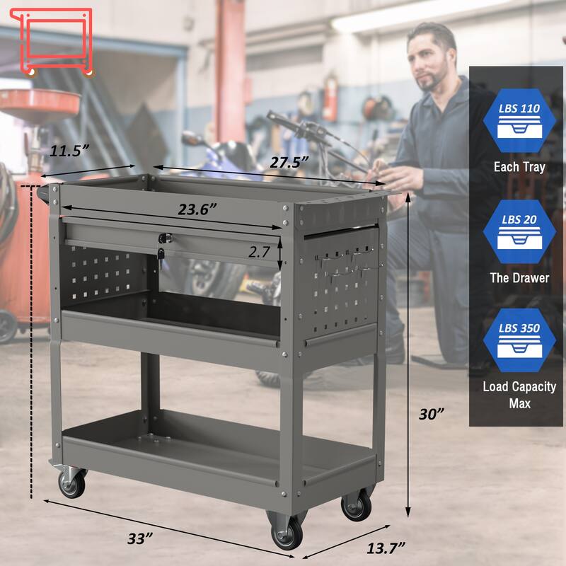3-Tier Rolling Tool Cart on Wheels for Mechanics with Utility Drawer