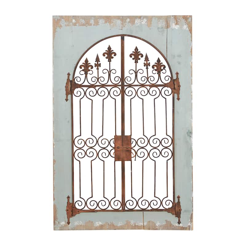 Wood Fleur De Lis Arched Windowpane Home Wall Decor with Rust Metal Scrolled Gate - Blue - Roche River Decor - Blue