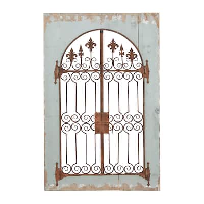 Wood Fleur De Lis Arched Windowpane Home Wall Decor with Rust Metal Scrolled Gate - Blue - Roche River Decor