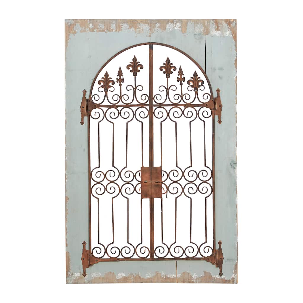 Wood Fleur De Lis Arched Windowpane Home Wall Decor with Rust Metal Scrolled Gate - Blue - Roche River Decor