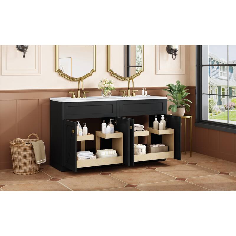60"Bathroom Vanity with Ceramic Sink Combo, Modern Freestanding Storage Cabinet with Gold Handles, Soft Closing Doors