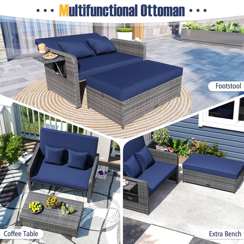 Gymax Rattan Daybed Wicker Loveseat Sofa Set w/ Ottoman & Retractable
