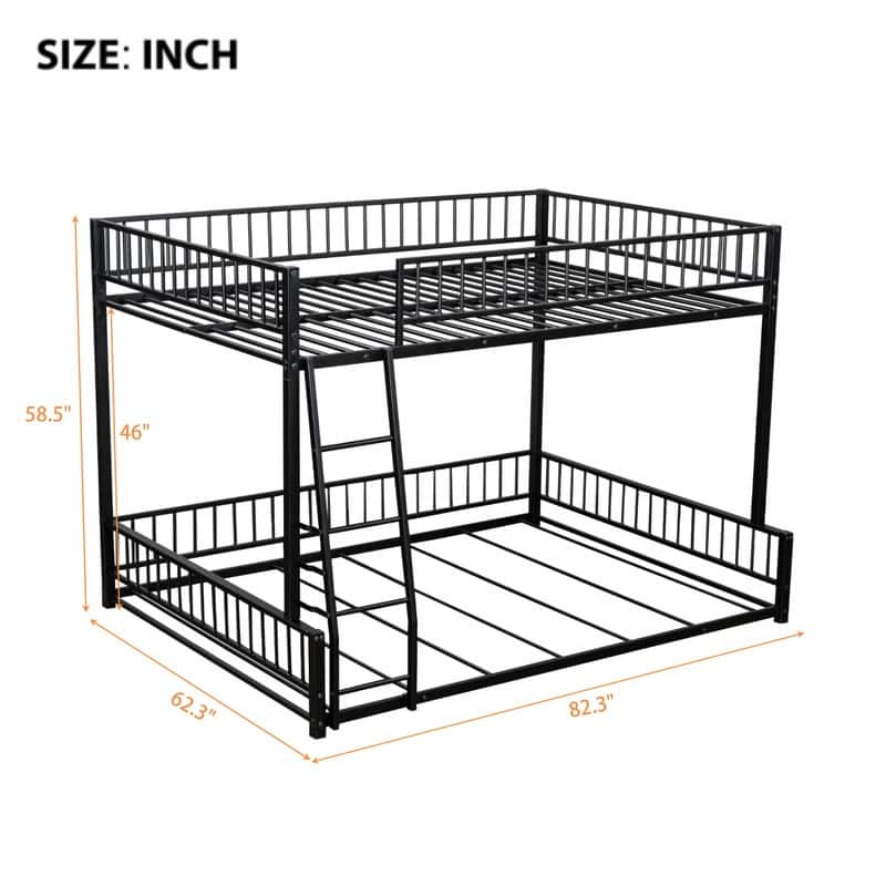 Full XL over Queen Floor Metal Bunk Bed Frame with Ladder and Safety Guardrails