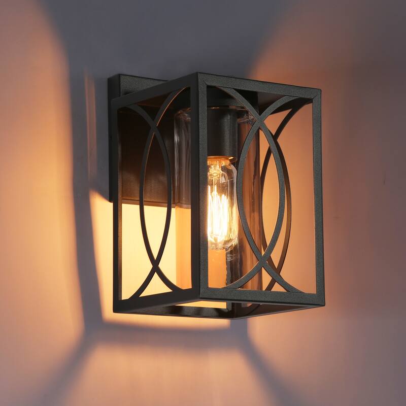 Pauly Modern Farmhouse Square 1-Light Black Outdoor Wall Lantern Sconce Glass Shade for Garage Porch Front Door